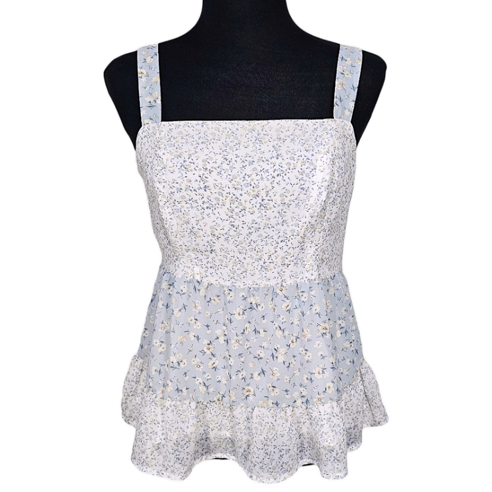 Beautiful Cottagecore Colorblock Floral Shabby Chic Ruffle Tank Top White Small